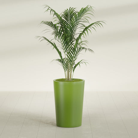 Tegel Round Tapered fiberglass planter in Satin Green, shown planted, in a sunlit interior