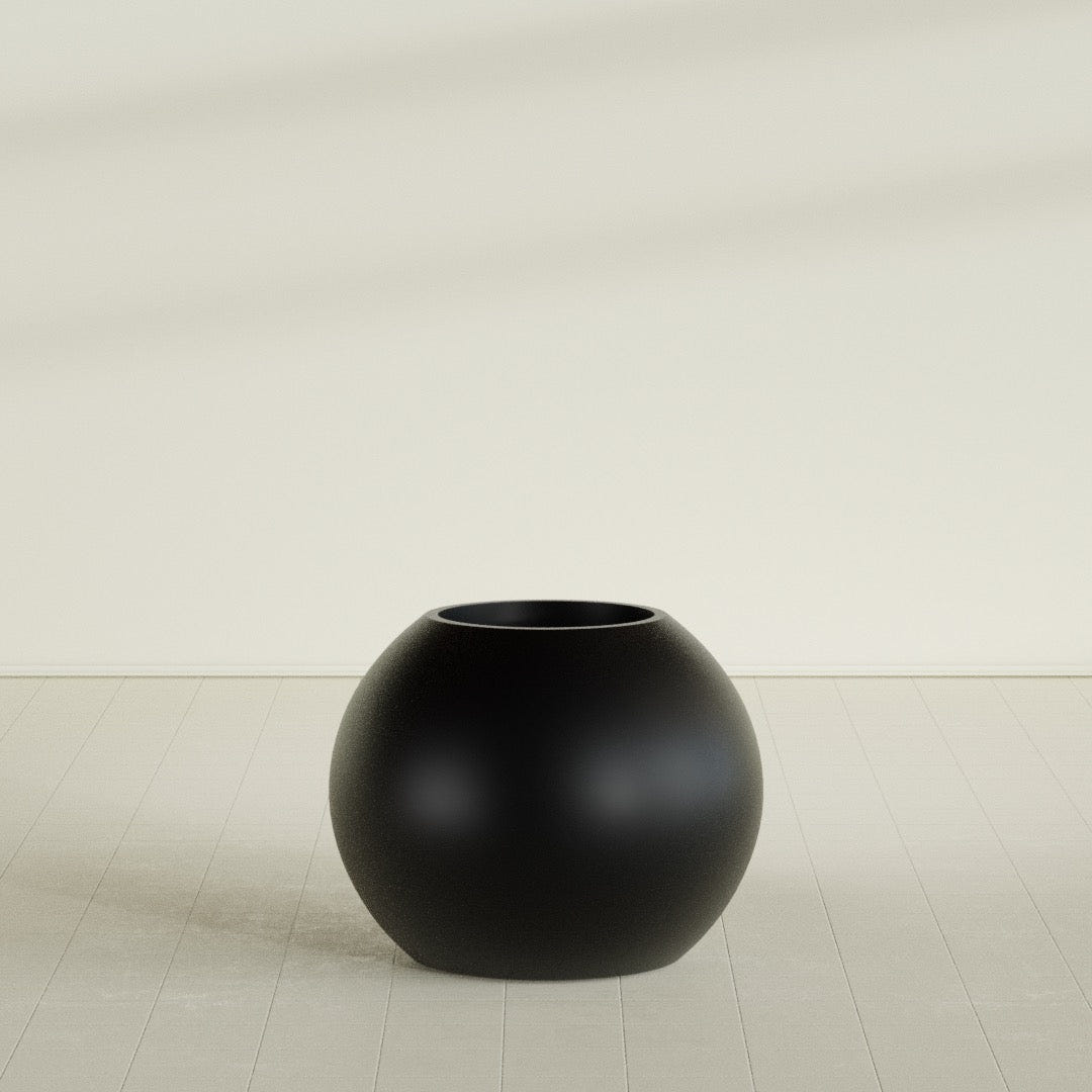 Globe Planter in Matte Black, 30"D × 24"H, shown empty