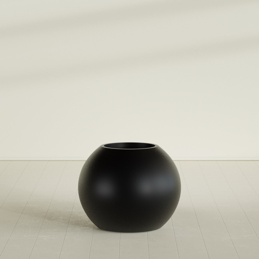 Globe Planter in Matte Black, 30"D × 24"H, shown empty