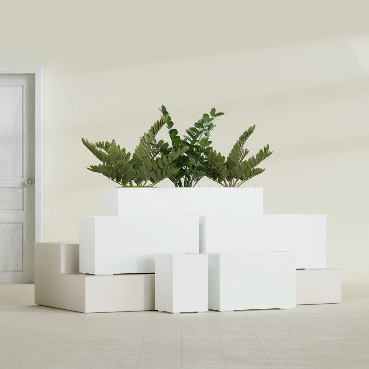 Tolga Rectangular fiberglass planter in Gloss Bright White, size range, in a sunlit interior