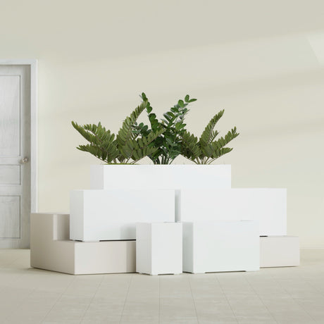 Tolga Rectangular fiberglass planter in Gloss Bright White, size range, in a sunlit interior