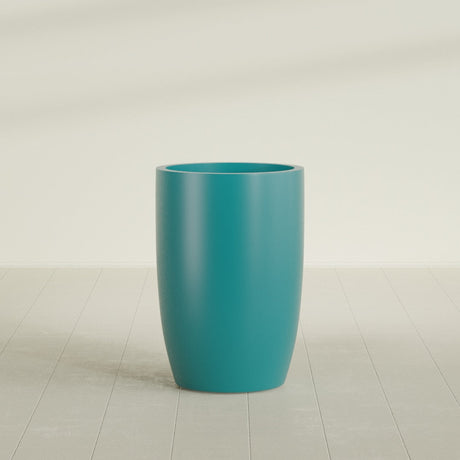 Lisbon tall round tapered fiberglass planter in Satin Seafoam Green, 24 in diameter, 36 in high, shown empty