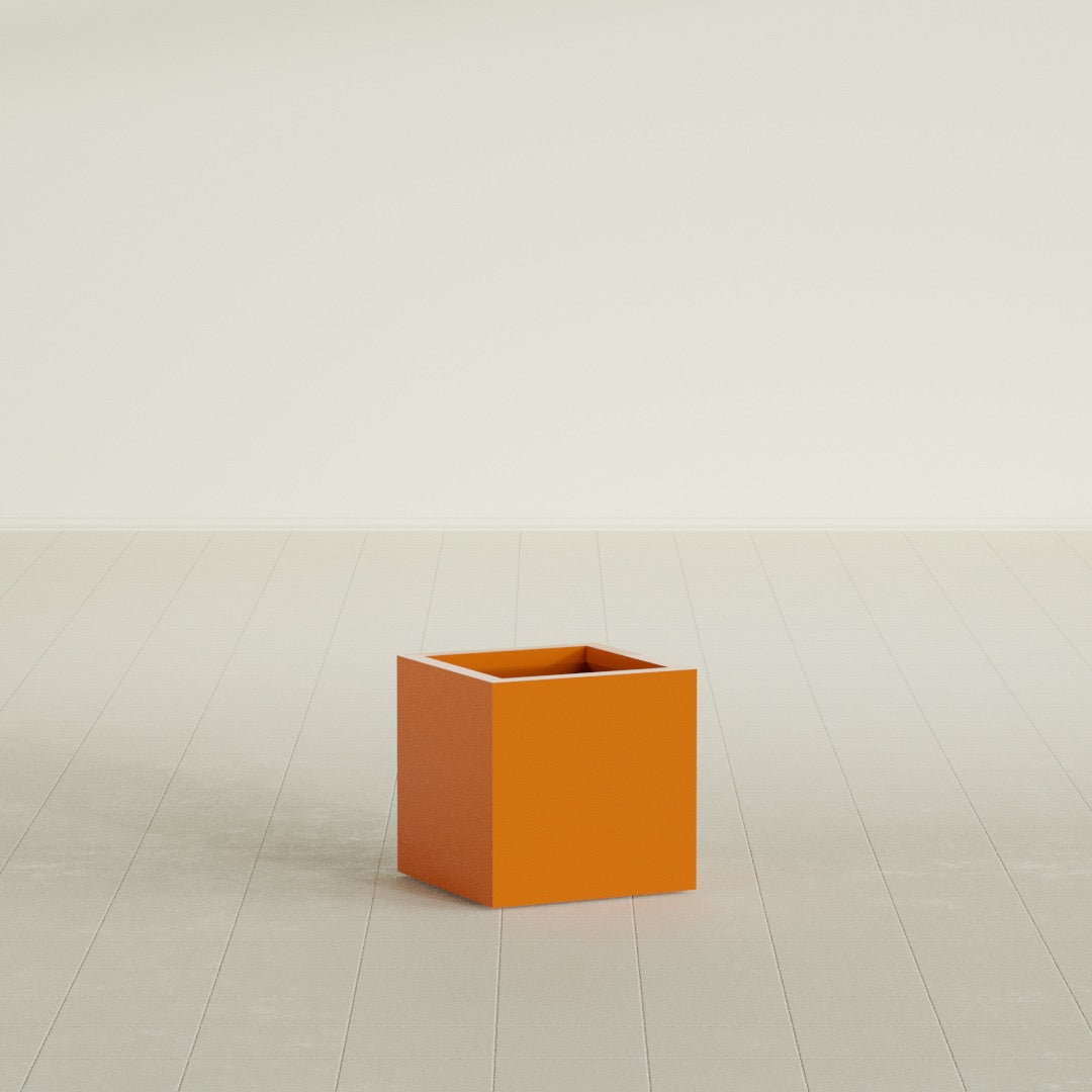 Montroy Cube Planter in Gloss Tangerine, 16", shown empty