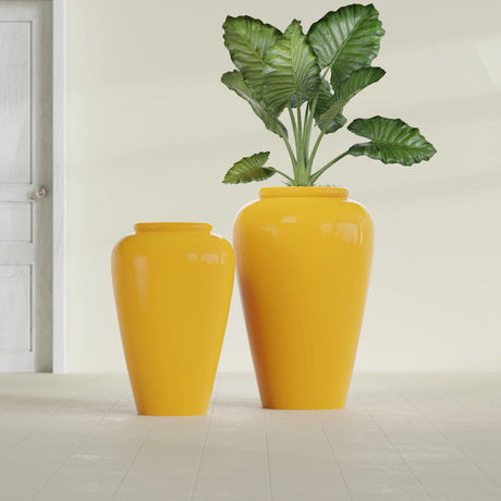 Barà Jar fiberglass planter in Gloss Saffron, size range, in a sunlit interior