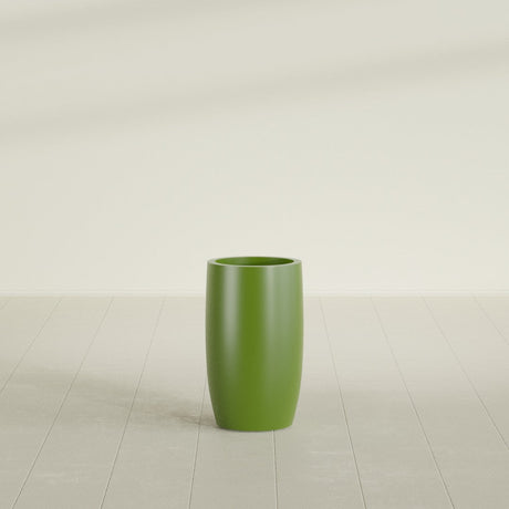 Lisbon tall round tapered fiberglass planter in Satin Green, 14 in diameter, 25 in high, shown empty