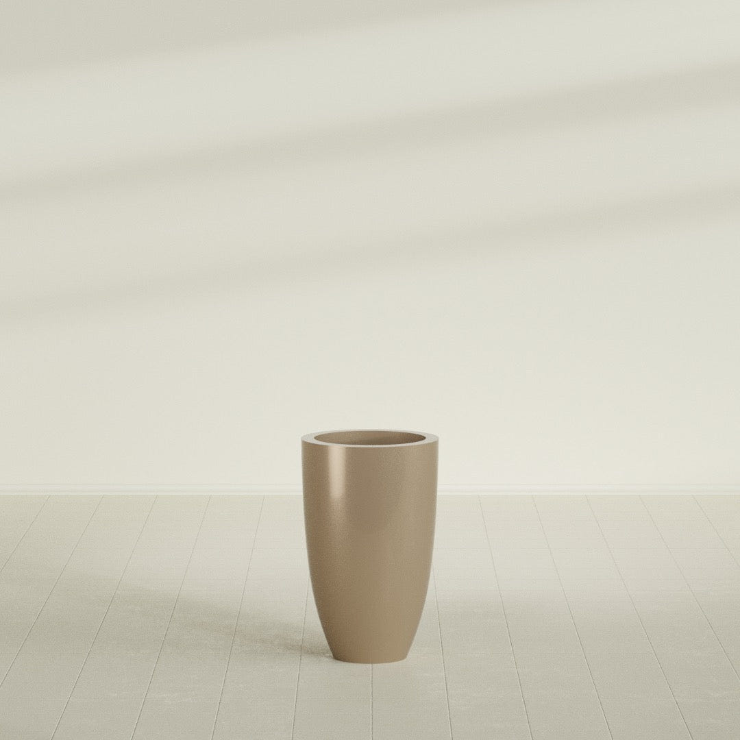 Brannan Tapered Round Planter in Gloss Metallic Gold, 18"D × 29"H, shown empty