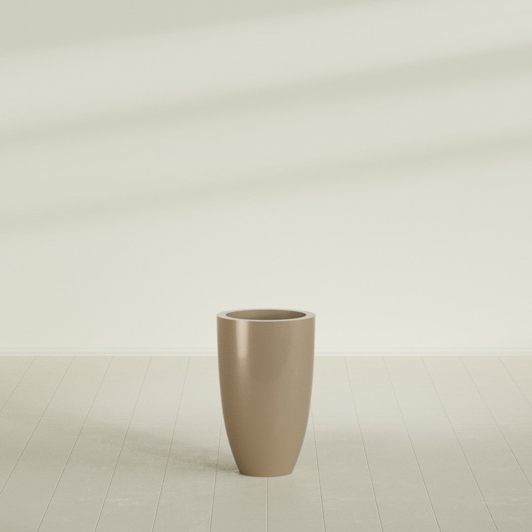 Brannan Tapered Round Planter in Gloss Metallic Gold, 18"D × 29"H, shown empty