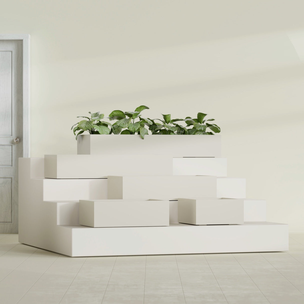 Antwerp Rectangular fiberglass planter in Satin Beige, size range, in a sunlit interior
