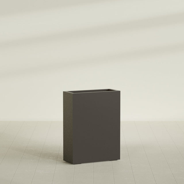 Amesbury Narrow Rectangular Planter in Matte Dark Brown, 24"L × 10"D × 32"H, shown empty