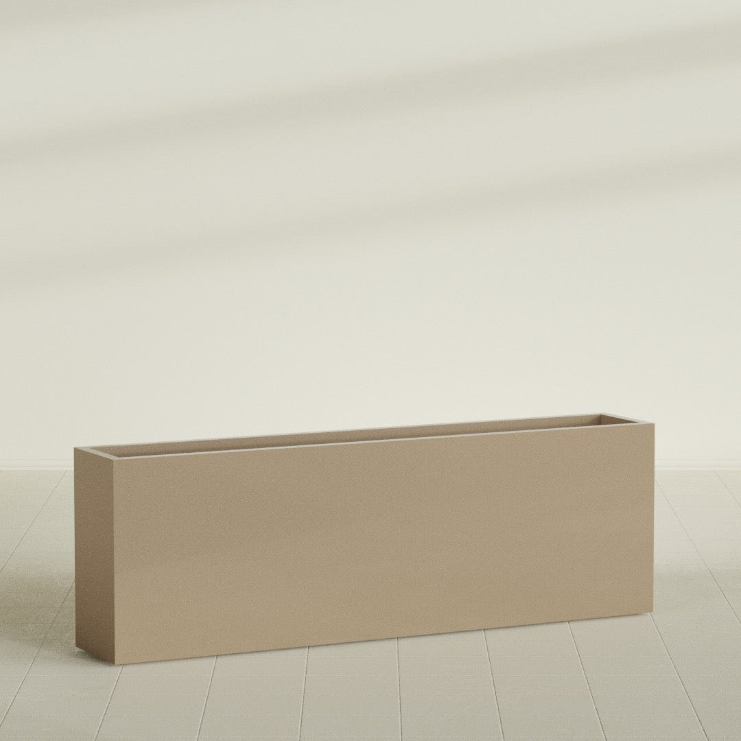 Hollywood Narrow Rectangular Planter in Gloss Metallic Gold, 72"L × 12"D × 24"H, shown empty