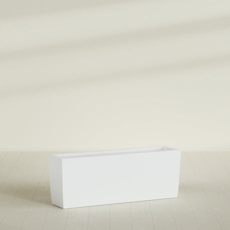Panama Tapered Rectangular Planter in Matte Bright White, 48"L × 12"D × 18"H, shown empty