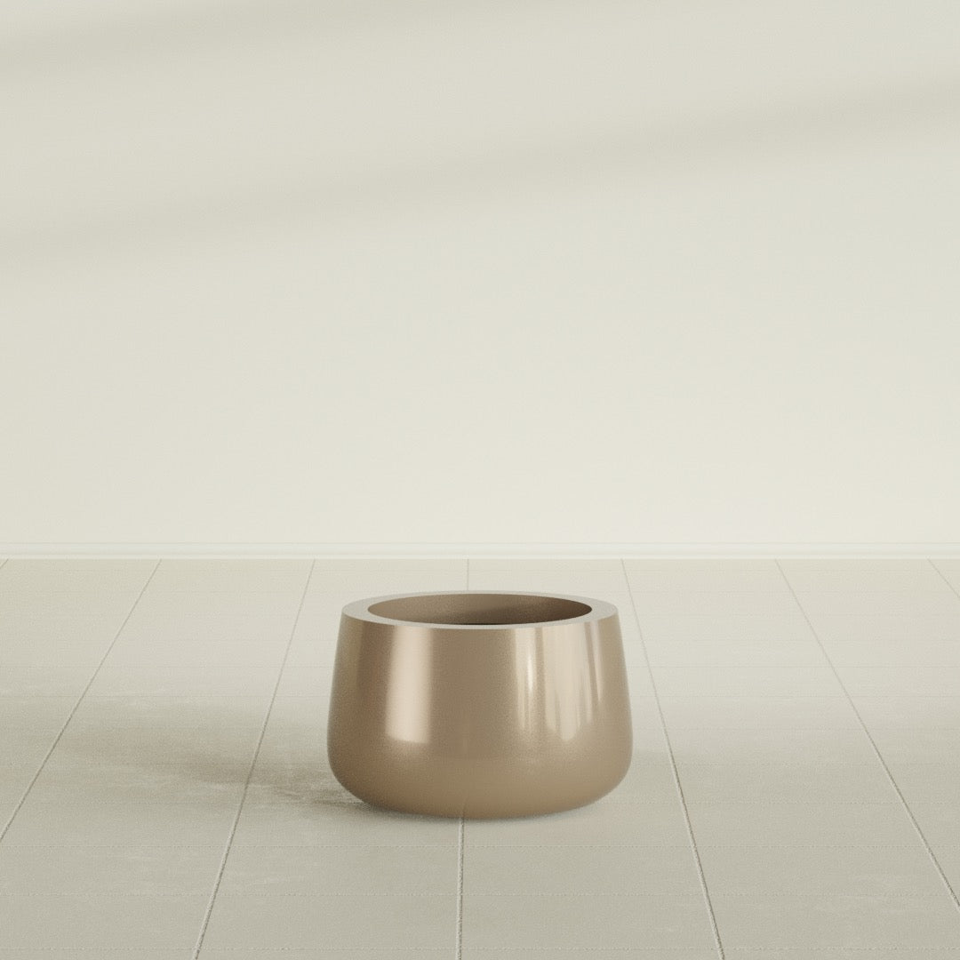 Short Hayden Bowl Planter in Gloss Metallic Gold, 12"D × 7"H, shown empty