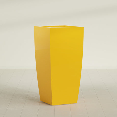Toulan Tapered Square Planter in Gloss Saffron, 23"W × 48"H, shown empty