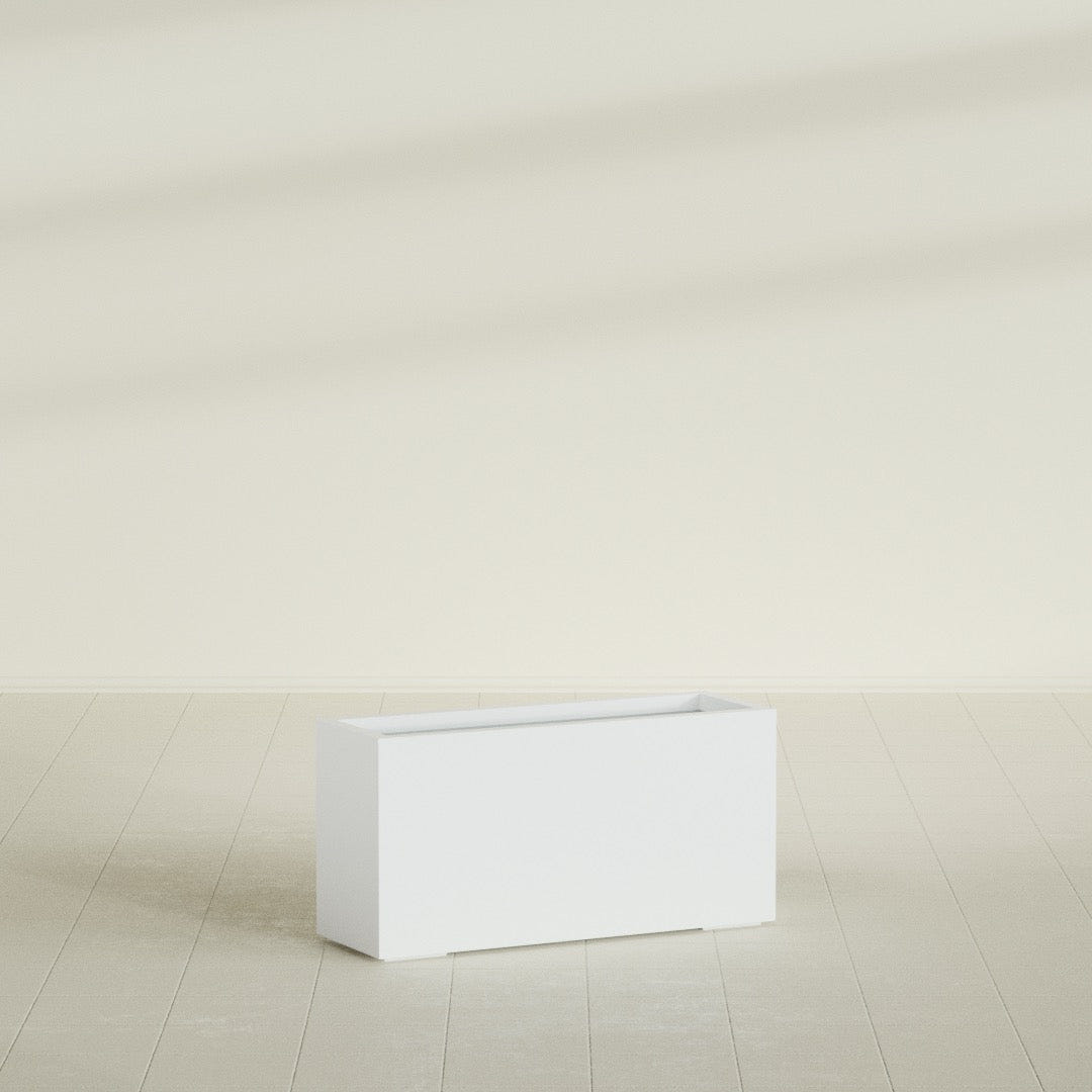 Hollywood Narrow Rectangular Planter in Matte Bright White, 36"L × 12"D × 24"H, shown empty