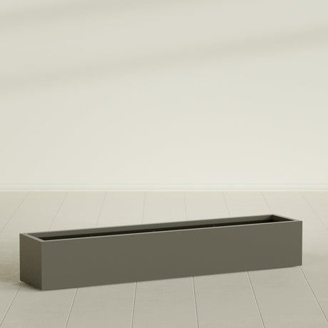 Cuba Low Rectangular Planter in Matte Bronze, 72"L × 14"D × 12"H, shown empty