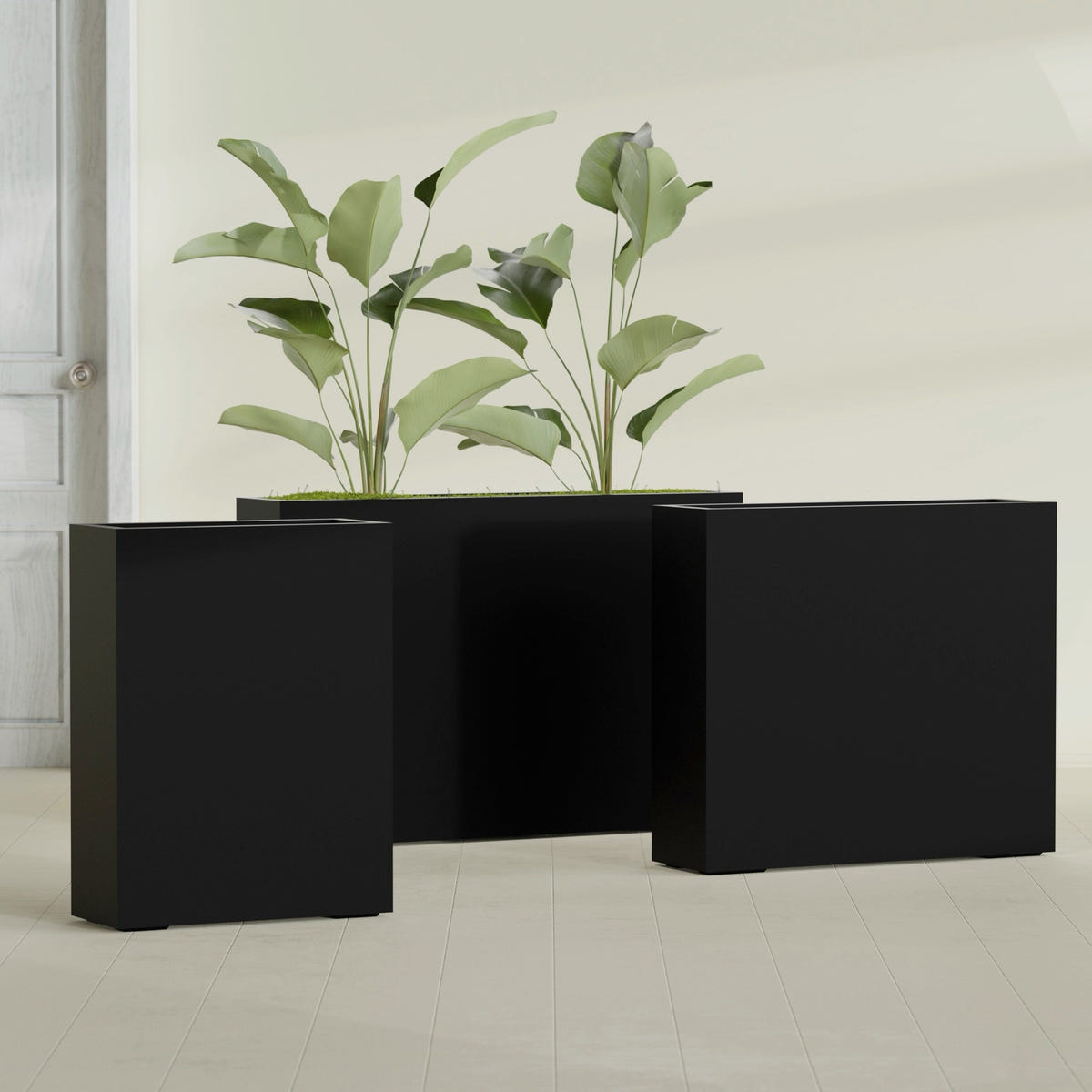 Amesbury Narrow Rectangular fiberglass planter in Matte Black, size range, in a sunlit interior