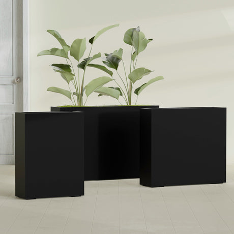 Amesbury Narrow Rectangular fiberglass planter in Matte Black, size range, in a sunlit interior