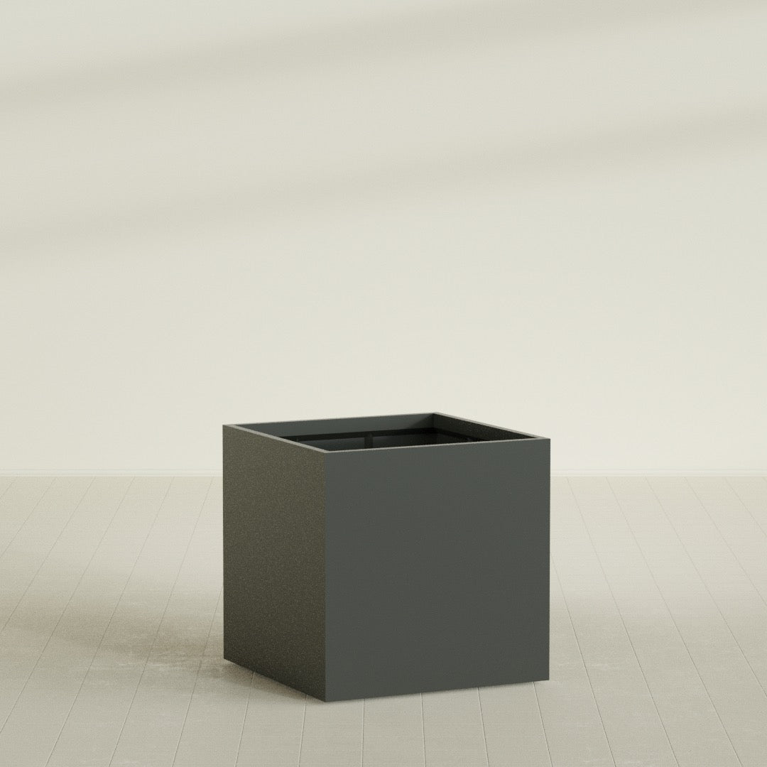 Montroy Cube Planter in Matte Charcoal, 40", shown empty
