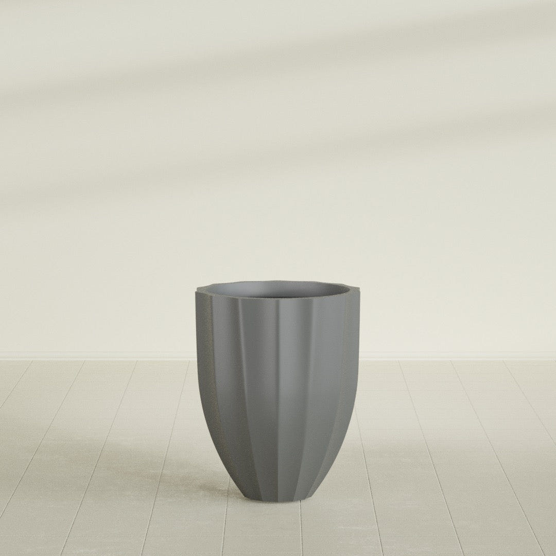 Alicante Fluted Planter in Matte Gunmetal, 22"D × 27"H, shown empty