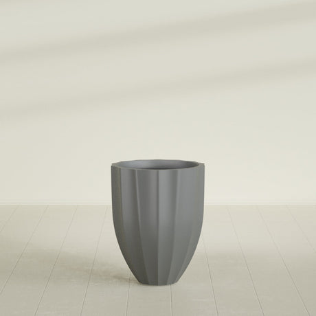 Alicante Fluted Planter in Matte Gunmetal, 22"D × 27"H, shown empty