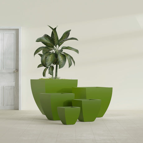 Lima Tapered Square fiberglass planter in Satin Green, size range, in a sunlit interior