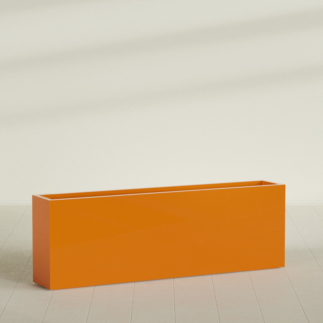 Hollywood Narrow Rectangular Planter in Gloss Tangerine, 72"L × 12"D × 24"H, shown empty