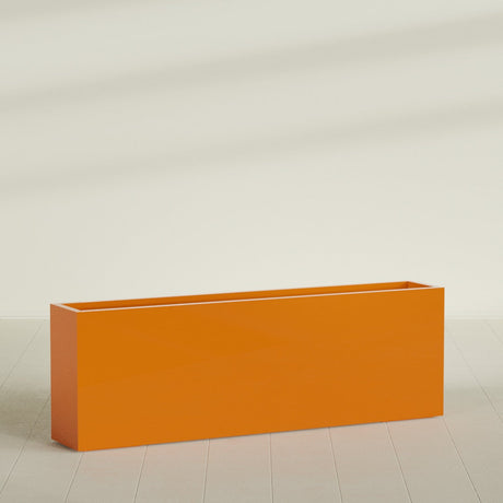 Hollywood Narrow Rectangular Planter in Gloss Tangerine, 72"L × 12"D × 24"H, shown empty