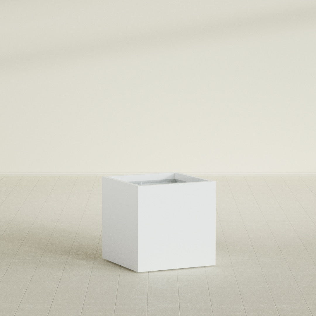 Montroy Cube Planter in Matte Bright White, 28", shown empty
