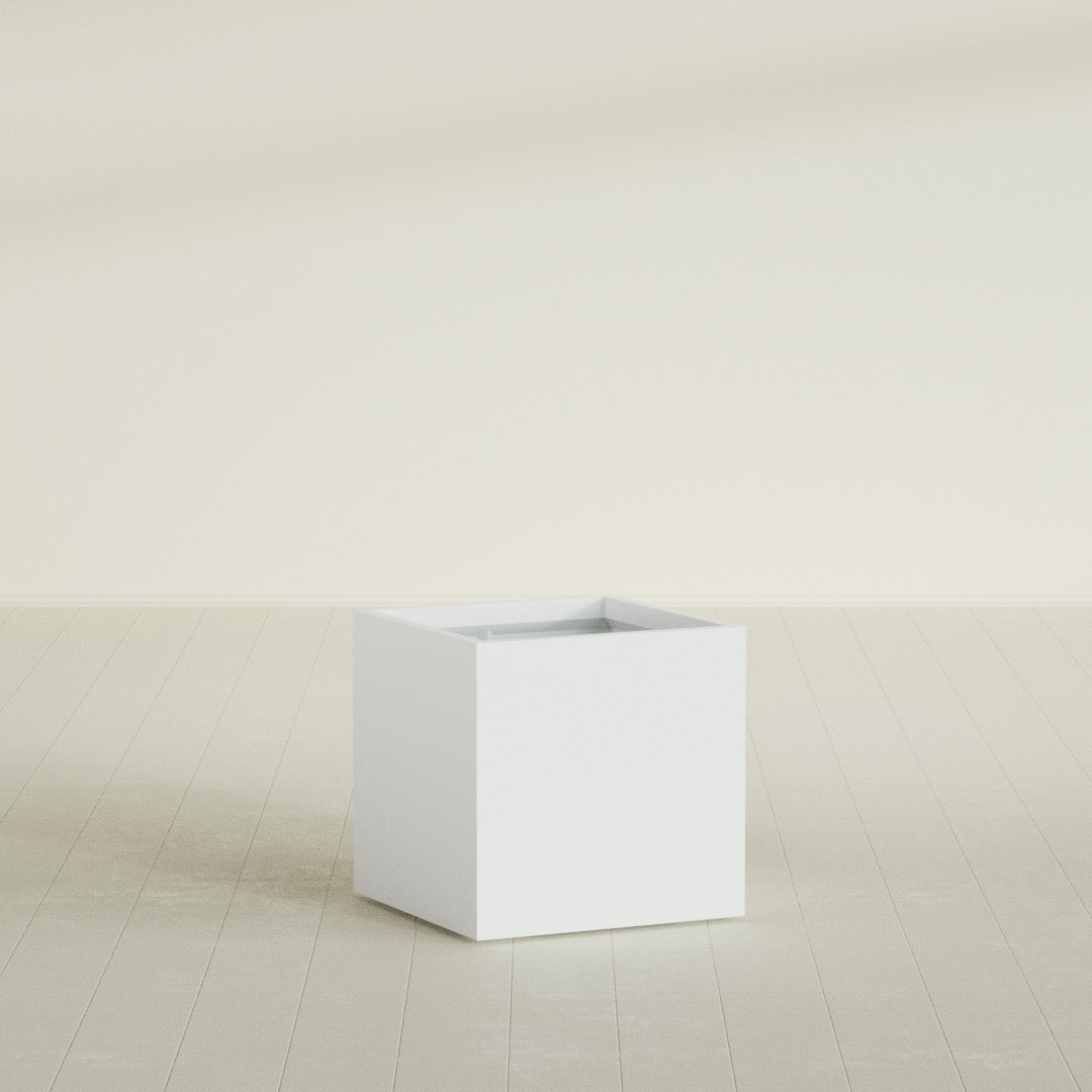 Montroy Cube Planter in Matte Bright White, 28", shown empty