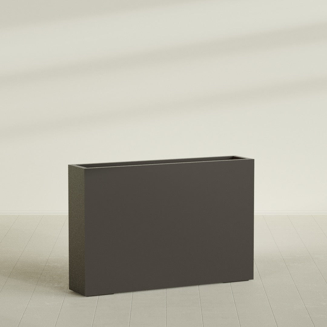 Amesbury Narrow Rectangular Planter in Matte Dark Brown, 48"L × 10"D × 32"H, shown empty