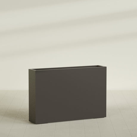 Amesbury Narrow Rectangular Planter in Matte Dark Brown, 48"L × 10"D × 32"H, shown empty