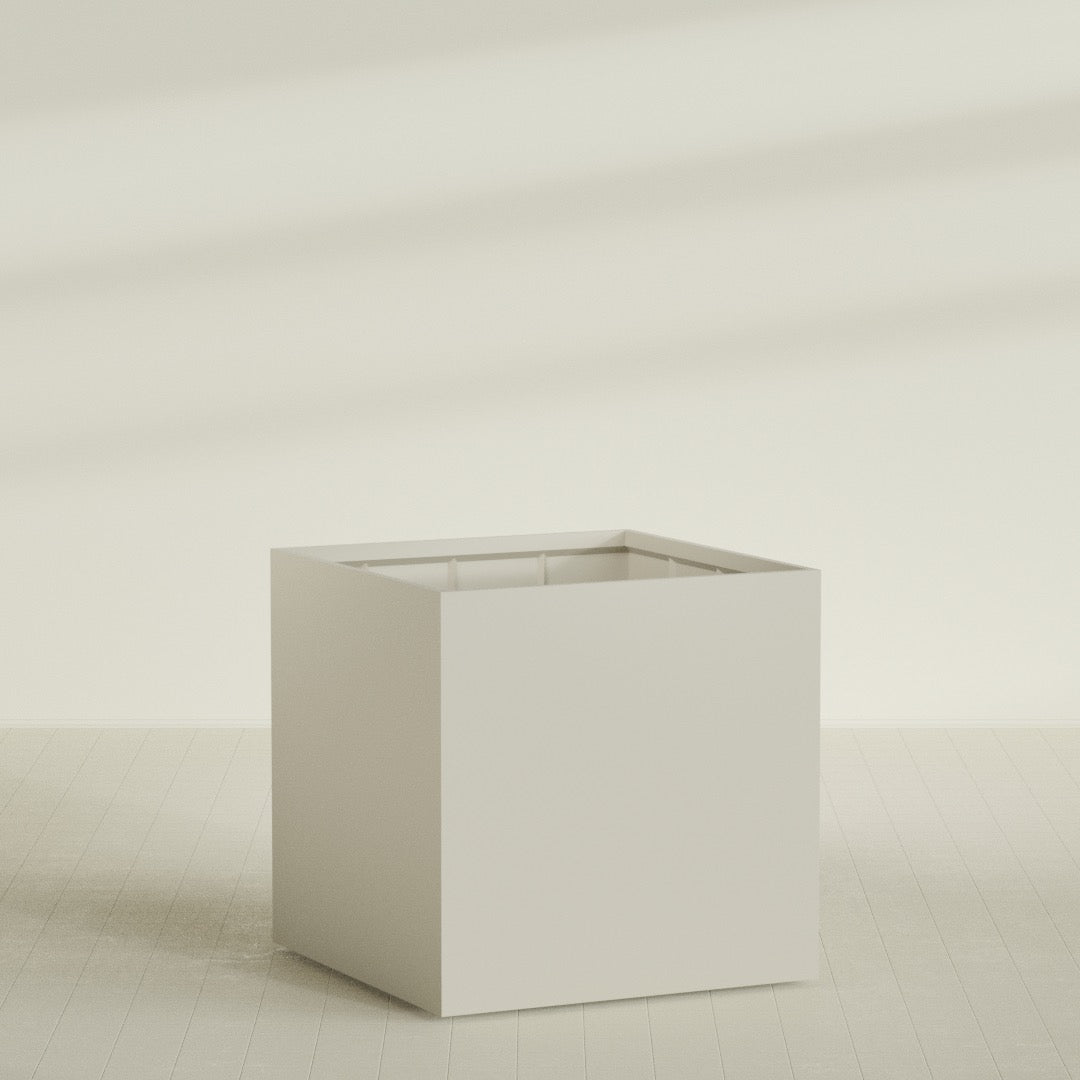 Montroy Cube Planter in Satin Beige, 60", shown empty