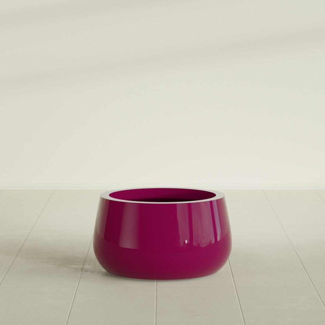 Short Hayden Bowl Planter in Gloss Eggplant, 16"D × 8"H, shown empty