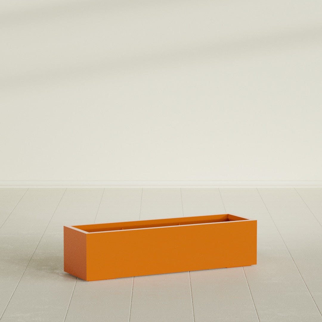 Cuba Low Rectangular Planter in Gloss Tangerine, 48"L × 14"D × 12"H, shown empty