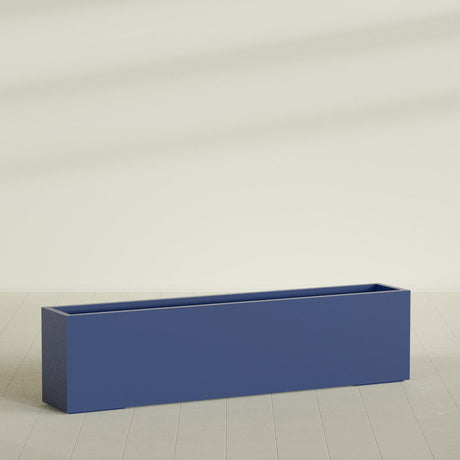 Miami Narrow Rectangular Planter in Matte Cobalt Blue, 72"L × 12"D × 18"H, shown empty