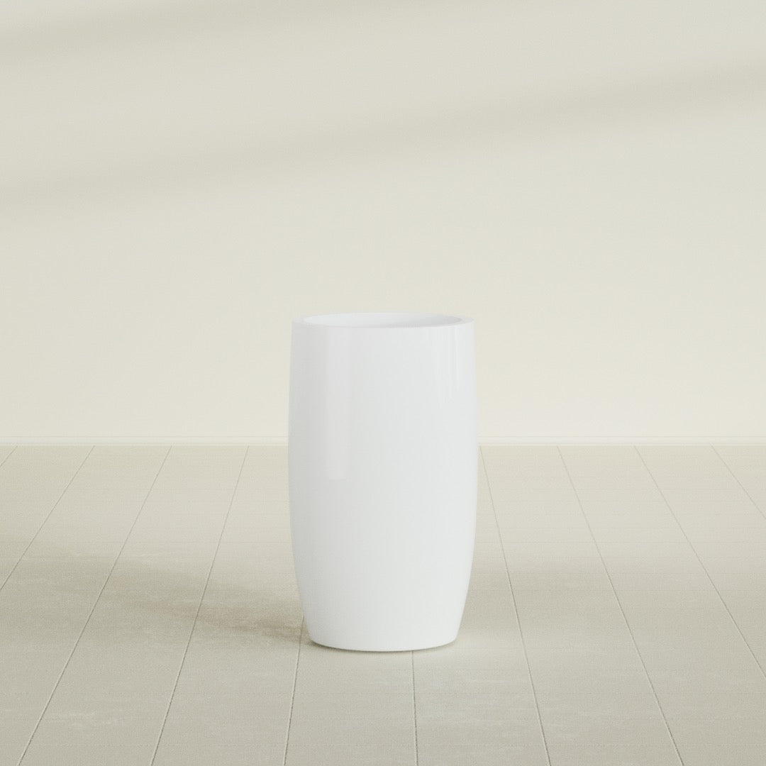Lisbon tall round tapered fiberglass planter in Matte Bright White, 18 in diameter, 32 in high, shown empty