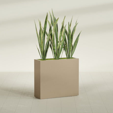 Delray Rectangular fiberglass planter in Gloss Metallic Gold, shown planted, in a sunlit interior