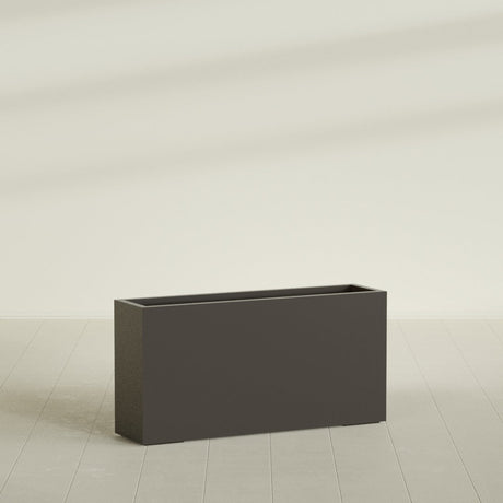 Hollywood Narrow Rectangular Planter in Matte Dark Brown, 48"L × 12"D × 24"H, shown empty