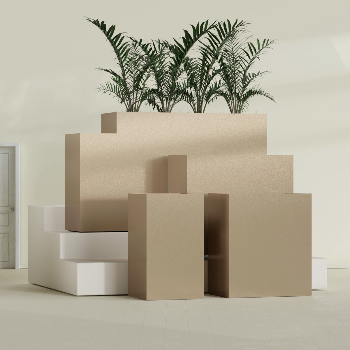 Darwin Corner fiberglass planter in Gloss Metallic Gold, size range, in a sunlit interior