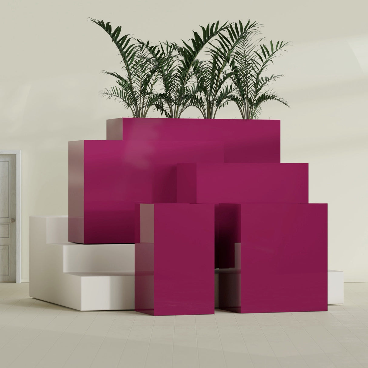 Darwin Corner fiberglass planter in Gloss Eggplant, size range, in a sunlit interior
