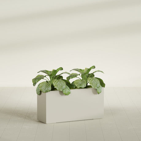 Miami Corner fiberglass planter in Satin Beige, shown planted, in a sunlit interior