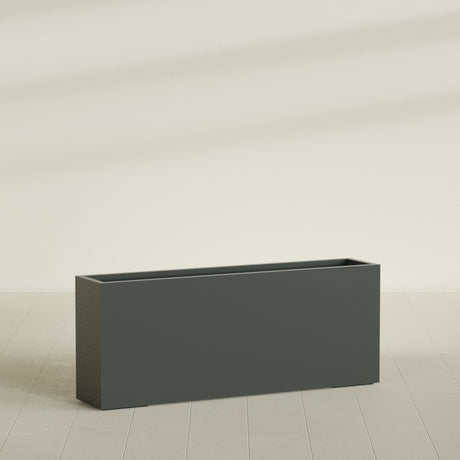 Hollywood Narrow Rectangular Planter in Matte Charcoal, 60"L × 12"D × 24"H, shown empty