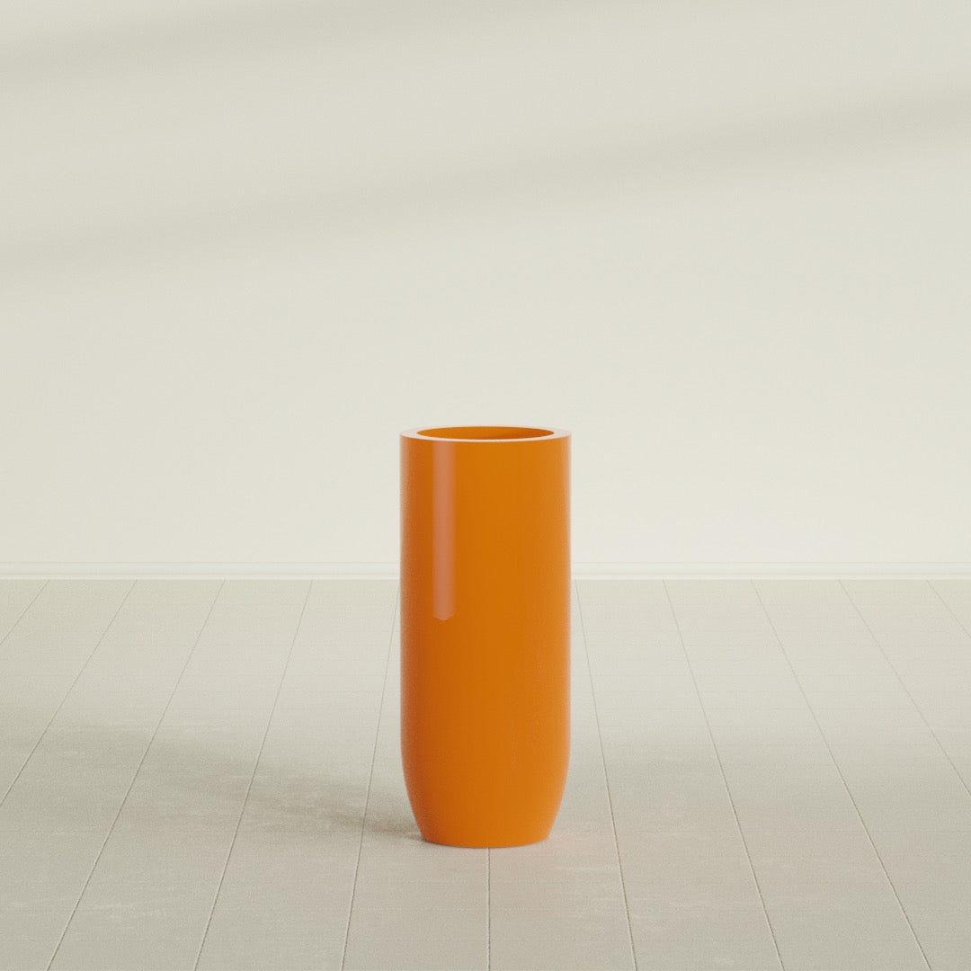 Saint Tropez Bullet Round Planter in Gloss Tangerine, 16"D × 38"H, shown empty