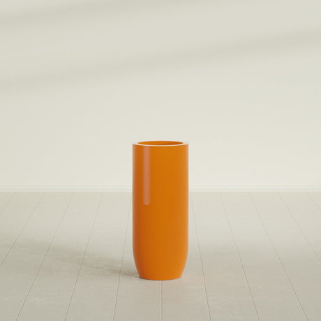 Saint Tropez Bullet Round Planter in Gloss Tangerine, 16"D × 38"H, shown empty