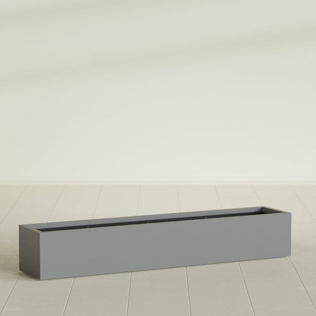 Cuba Low Rectangular Planter in Matte Gunmetal, 72"L × 14"D × 12"H, shown empty