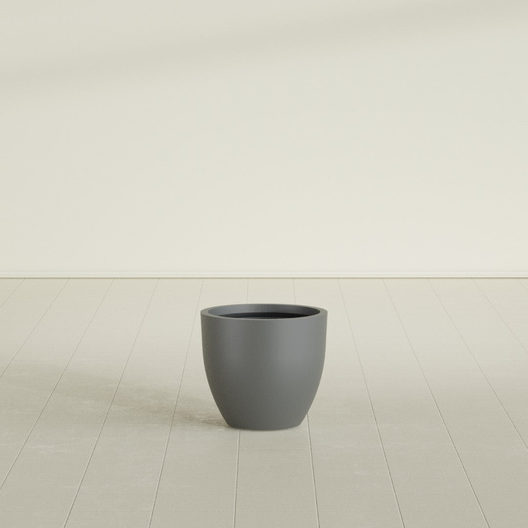 Wannsee Round Planter in Matte Gunmetal, 22"D × 19"H, shown empty