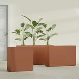 Milano Narrow Rectangular fiberglass planter in Matte Terra Cotta, shown planted, in a sunlit interior