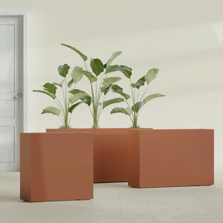 Milano Narrow Rectangular fiberglass planter in Matte Terra Cotta, shown planted, in a sunlit interior