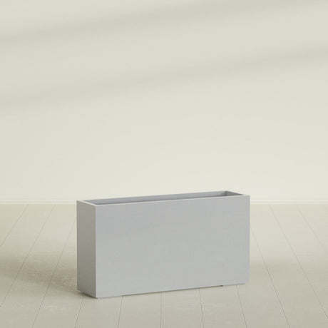 Potsdam Rectangular Planter in Metallic Silver, 60"L × 16"D × 32"H, shown empty