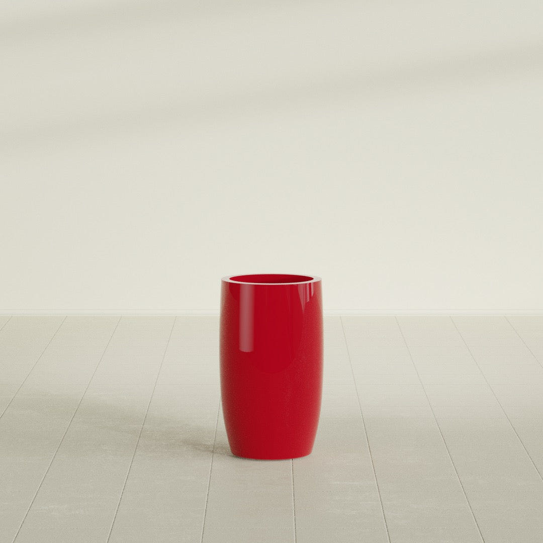Lisbon tall round tapered fiberglass planter in Gloss Red, 14 in diameter, 25 in high, shown empty